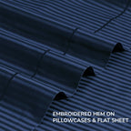 Feather & Stitch 500 TC California King Size Bed Sheet Set, 100% Cotton Soft Breathable Bedsheets, 4 Piece 18" Deep Pockets Sateen Weave Striped Bedding Mattress Resort Hotel - (Dark Blue Stripe)