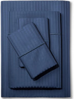 Feather & Stitch 500 TC California King Size Bed Sheet Set, 100% Cotton Soft Breathable Bedsheets, 4 Piece 18" Deep Pockets Sateen Weave Striped Bedding Mattress Resort Hotel - (Dark Blue Stripe)